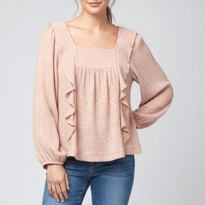 Free People Long Sleeve‎ Pink Top Ruffle Long Sleeve XS Cottage Peasant Romantic